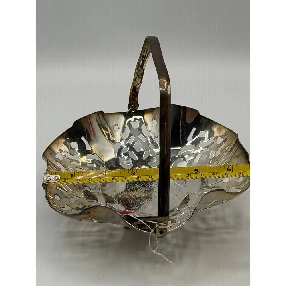 Vintage Leomans Silver-Plated Pierced Bride's BasketBonbon Dish w/Folding Handle